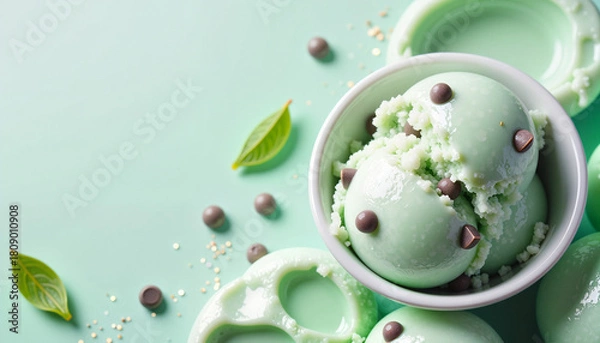 Fototapeta Mint chip ice cream scoops in a bowl, pastel green background with leaves and glitter, with space for text