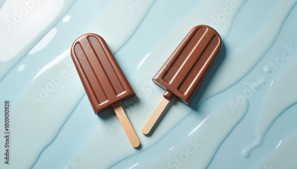 Fototapeta Two chocolate popsicles, light blue background with shimmer, for summer dessert