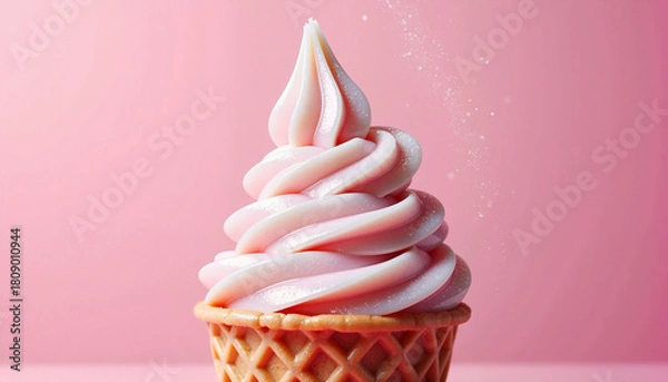 Fototapeta Strawberry soft serve in a waffle cone, pink gradient with sugar dust and space for text