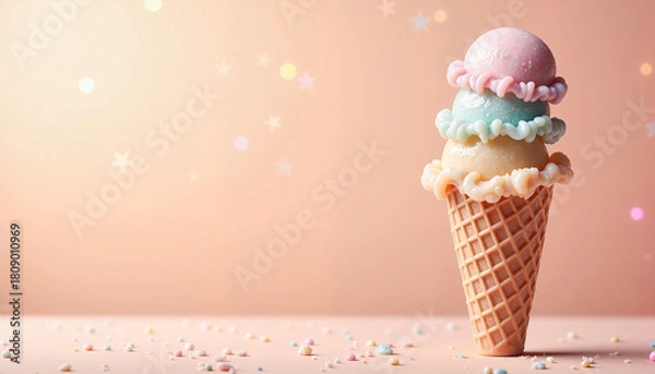 Fototapeta Triple scoop ice cream cone, pastel gradient background with space for text