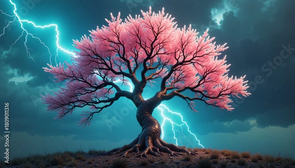 Fototapeta Cherry blossom tree struck by lightning, renewal and resilience concept, with space for text
