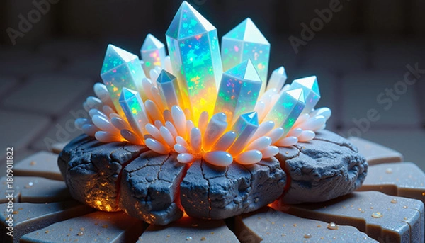 Fototapeta Crystal formations, glowing opal growing from cracked boulder, with space for text