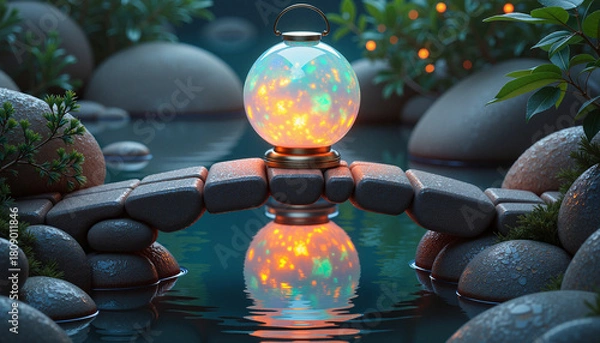 Fototapeta Opal lantern on a stone bridge reflected in water