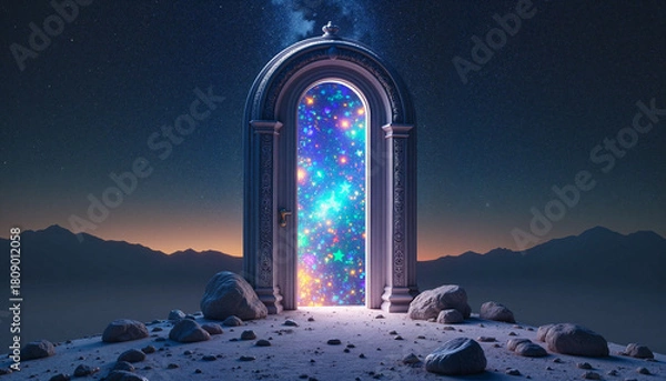 Fototapeta Open doorway to a star galaxy on a horizon at dusk