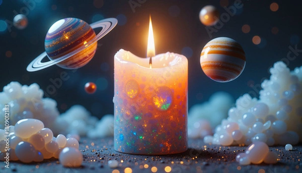 Fototapeta Ornate candle surrounded by planets in a cosmic setting, concept