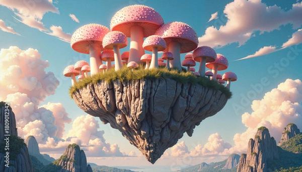 Fototapeta Pink mushrooms on a floating island with a mountain backdrop