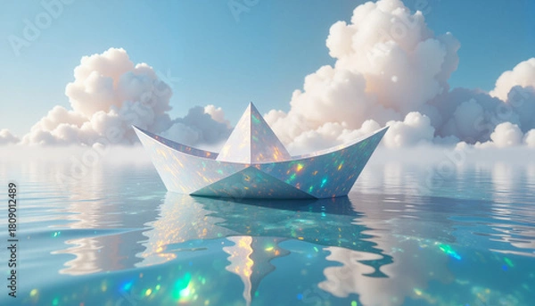Fototapeta Paper boat sails on water, with clouds, concept of dreams