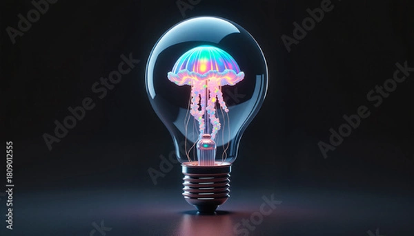Fototapeta Jellyfish inside a light bulb, the concept of sea life, with space for text