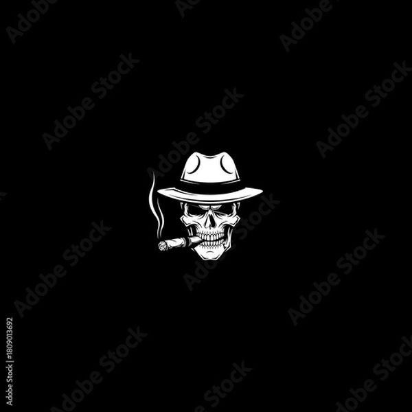 Obraz Skull in fedora smoking cigar monochrome vector illustration on black