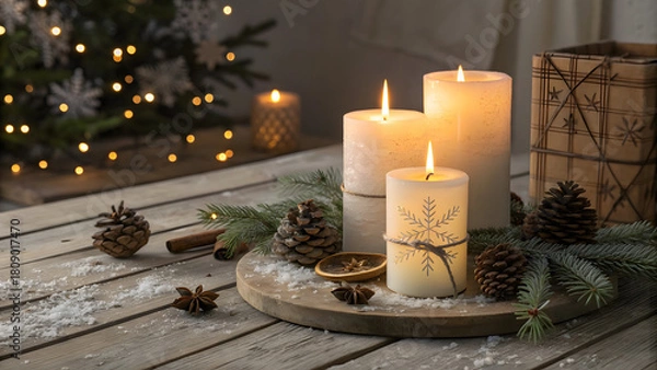 Fototapeta Rustic Holiday Tabletop Illustration – Lit Candles, Pinecones & Evergreen Decor with Christmas Tree Background