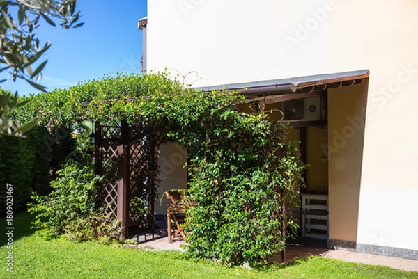 Fototapeta Sunny outdoor patio in Italy with a wooden pergola covered in climbing plants. Relaxing Mediterranean atmosphere with natural shade and cozy garden details