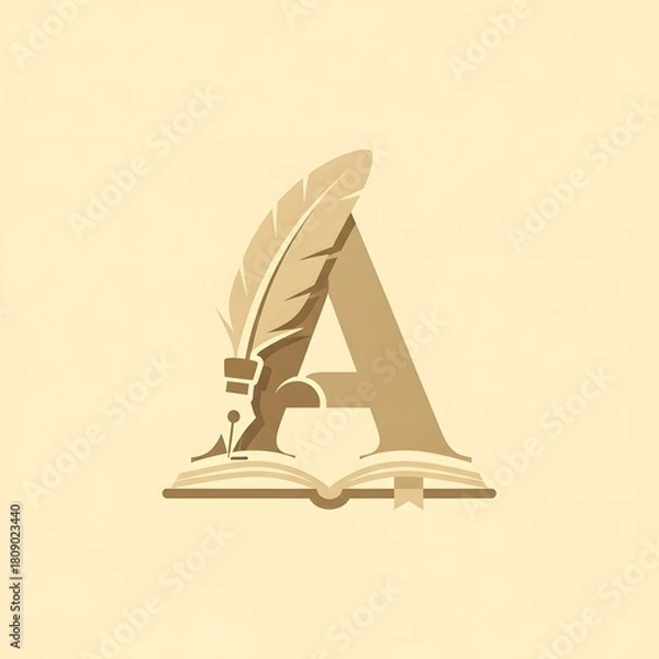 Fototapeta Elegant Logo Design Featuring Letter A, Quill Pen, and Open Book.