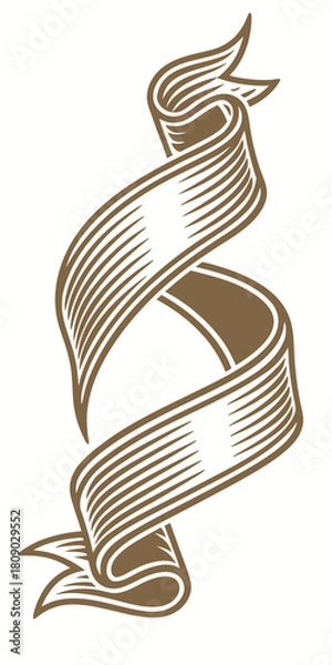 Fototapeta Vector illustration of a vertical, twisting ribbon scroll banner in a vintage engraved style with detailed hatching and dramatic folds.