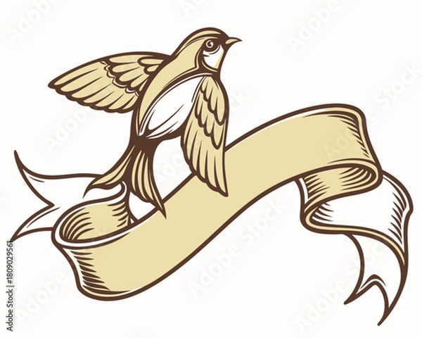 Fototapeta Vector illustration of a stylized bird in flight holding a vintage, flowing ribbon banner scroll, in a classic engraved style