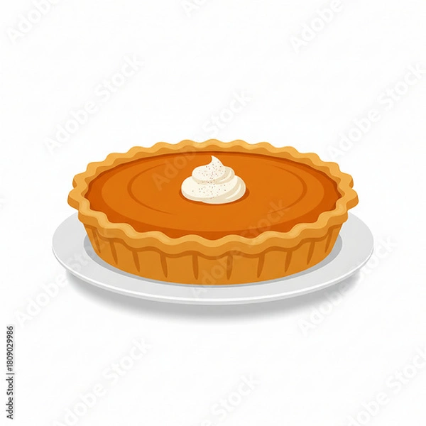 Fototapeta pumpkin pie with whipped cream on plate flat illustration for thanksgiving dinner