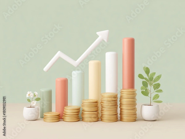 Obraz コイン積み上げと上昇グラフで表す収益成長インフォグラフィック