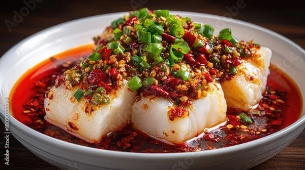 Fototapeta Shuizhu Yu, Sichuan-style boiled fish, tender white fish fillets in vibrant red spicy chili oil, topped with chopped garlic, ginger, scallions