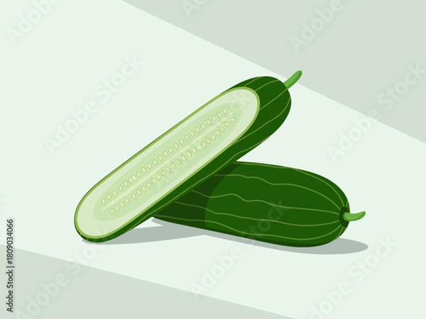 Fototapeta Two fresh cucumbers are artistically arranged, one cut in half, revealing its juicy, crisp interior, highlighting freshness and health in a modern minimalist style.