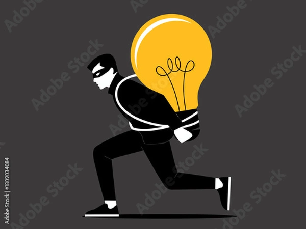 Fototapeta A creative illustration depicting a thief carrying a light bulb symbolizes the concept of idea theft. It creatively conveys the tension between innovation and theft.