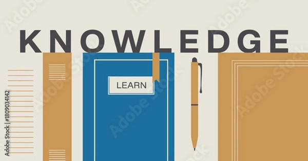 Fototapeta An illustrative representation of knowledge, featuring books and a pen, symbolizing learning and intellectual growth in a stylish and creative way.