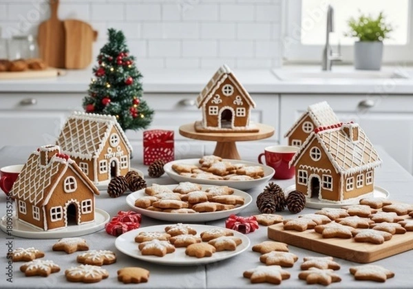 Obraz Table full of homemade Christmas cookies and gingerbread houses
