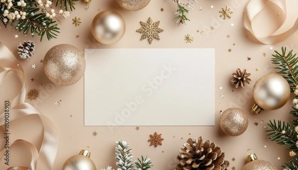 Fototapeta Chic Christmas flatlay designed for beauty or skincare product display. Soft beige backdrop, sparkling gold accents, dried florals, luxury ribbons, and elegant ornaments arranged in an aesthetic