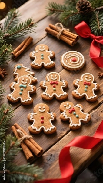 Fototapeta Christmas background gingerbread cookies on a wooden table, Christmas decor