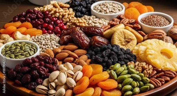 Fototapeta Assortment of dried fruits and nuts on a wooden platter, healthy snack