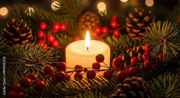 Fototapeta Festive candle surrounded by pine cones, berries, and greenery for christmas