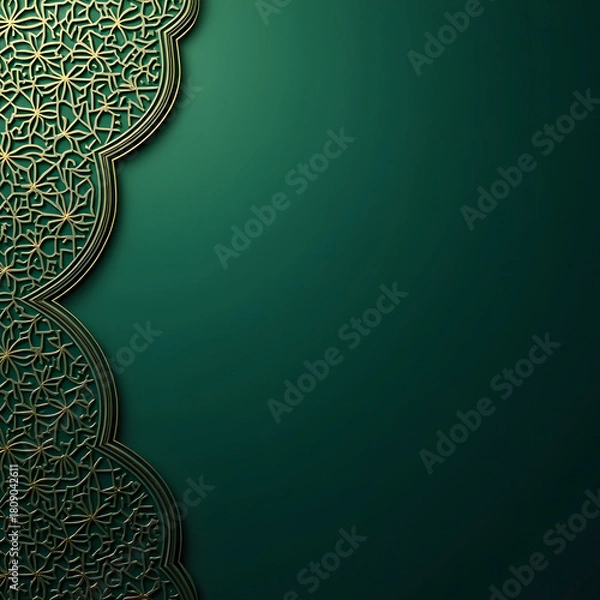 Fototapeta A background features a rich green backdrop adorned with ornate gold Islamic-inspired patterns along the left edge. Perfect for Ramadan or Eid al-Adha.