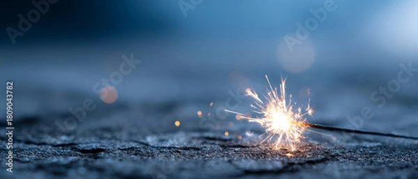 Fototapeta Close-up of a lit sparkler on a textured surface with glowing sparks and blurred blue background creating a festive and celebratory atmosphere