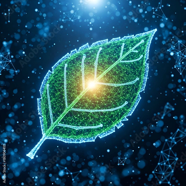 Fototapeta Digital leaf with interconnected network in green and blue color