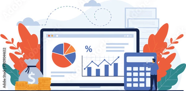 Fototapeta Business Data Analysis on Laptop Screen with Calculator, Money Bag, Coins, and Graphs, Illustrating Financial Accounting, Audit, and Investment Planning Vector.