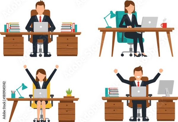 Fototapeta Business People Working at Office Desks Set: Vector Illustration of Professional Employees Working on Laptops and Celebrating Success in Flat Style.