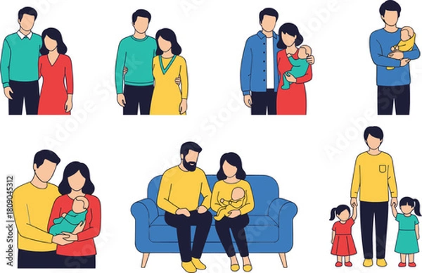 Fototapeta Family and Parenthood Vector Illustration Set: Happy Couples with Newborn Baby, Toddler, and Children, Showing Different Stages of Family Life.