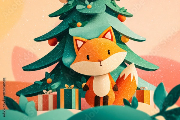 Fototapeta Adorable fox character is positioned near a festive Christmas tree adorned with ornaments and gifts, creating a joyful holiday scene