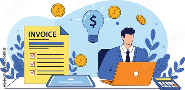 Fototapeta Man Working on Laptop with Giant Invoice Document, Light Bulb Idea, Coins, and Calculator, Representing Finance, Billing, Accounting, and Payment Process Vector Illustration.