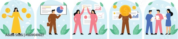 Fototapeta Remote Work Vector Illustration Set: Woman Working on Laptop at Desk, Managing Documents, Data Analysis, Business Planning, and Online Consultation.