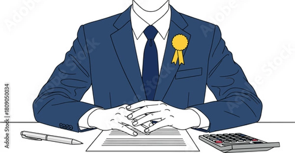 Fototapeta Successful Business Executive in Suit with Gold Award Ribbon, Sitting at Desk with Contract and Calculator, Symbolizing Achievement, Authority, and Agreement Signing Vector.