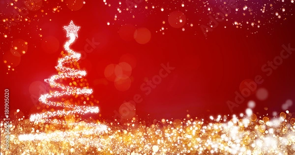 Fototapeta golden and silver lights with christmas tree on red background,bright decoration for merry xmas greeting message.Elegant holiday season social post digital card.Copy type space for text or logo