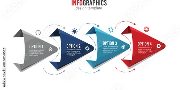 Fototapeta Four Steps Infographics Design Template: Creative Vector Arrow Flowchart for Business Presentation, Process Timeline, Options, and Workflow Visualization.