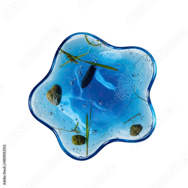 Fototapeta Abstract Blue Blob with Floating Debris and Bubbles Against a Black Background Reflecting Light
