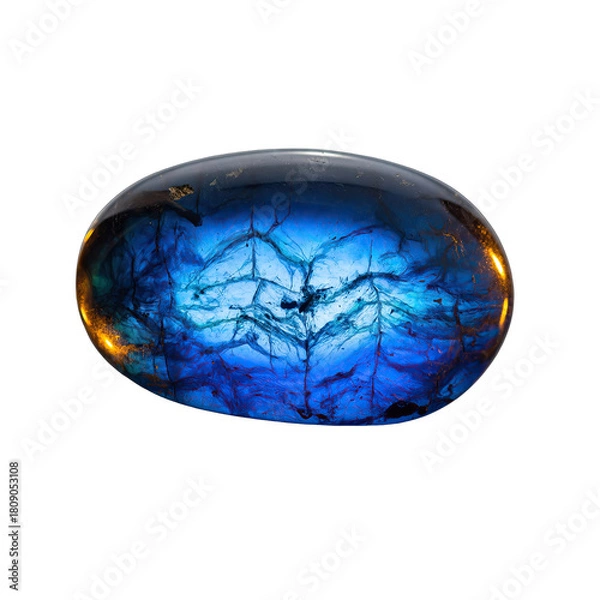 Fototapeta Abstract Blue Gemstone with Internal Cracks and Golden Glow Isolated on Black Background Macro Photography