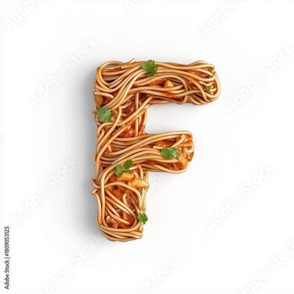 Fototapeta font F shape from noodle pasta for children food simple breakfast, isolated white