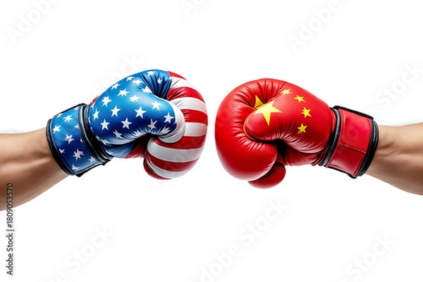 Obraz Hands punching in boxing gloves featuring a left boxing glove in American flag pattern and a right boxing glove in Chinese flag pattern isolated on white background, fighting of powerful country