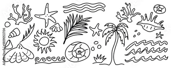 Fototapeta Soft Ocean Scene Doodles, Calm Beach Sketch Artwork, Minimal Coastal Drawings