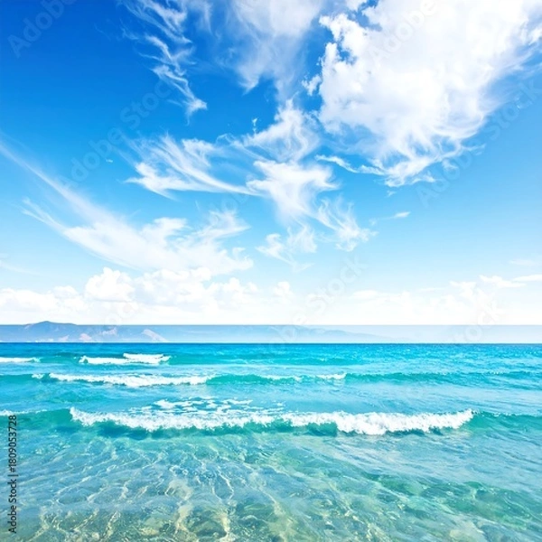 Fototapeta Clear blue sky above ocean with waves and distant land