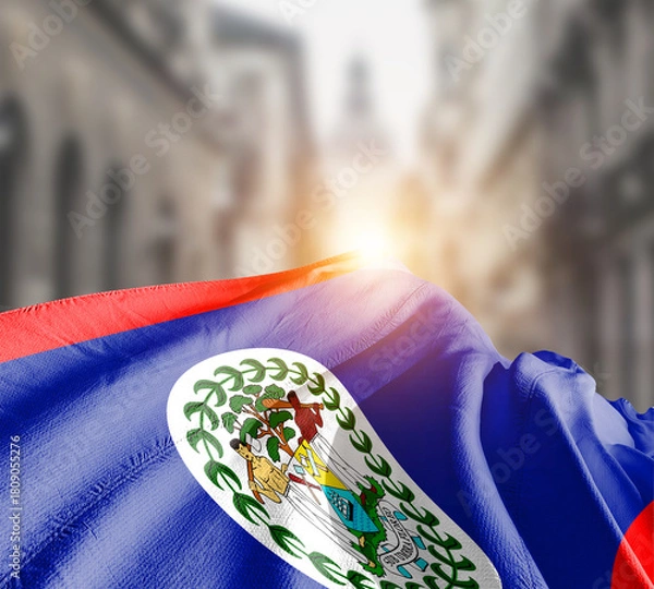 Obraz Belize flag fluttering on blur street with building. Belize national flag for independence day.