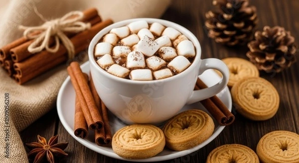 Obraz Cup of hot chocolate with marshmallows, surrounded by cinnamon sticks and cookies
