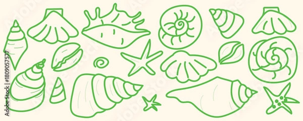Fototapeta Pastel Seashell Line Art, Soft Beach Shell Sketches, Calm Ocean Shell Doodles